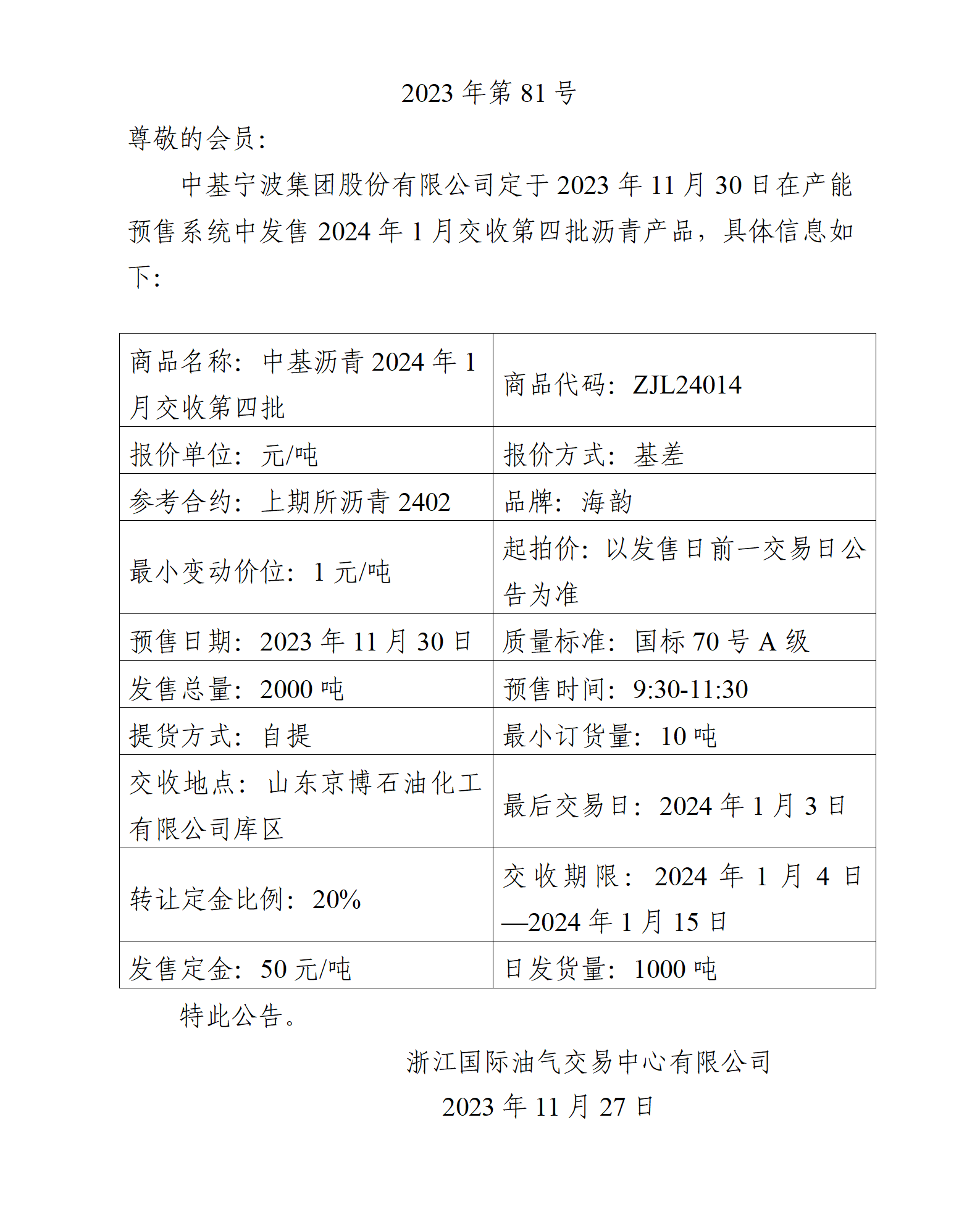 關(guān)于中基寧波集團(tuán)股份有限公司預(yù)售2024年1月交收第四批瀝青產(chǎn)品的公告_01.png