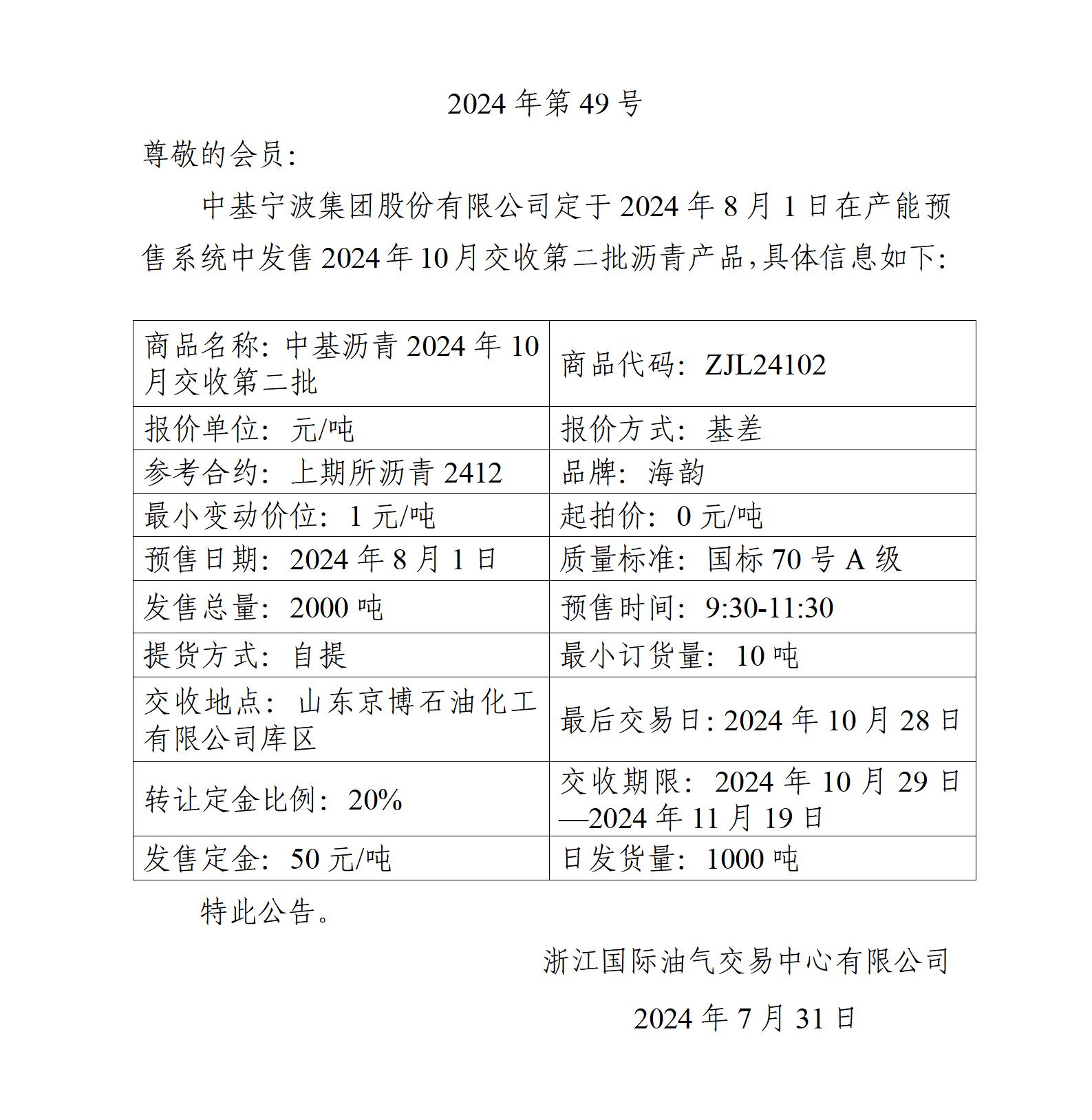 關于中基寧波集團股份有限公司預售2024年10月交收第二批瀝青產(chǎn)品的公告_01.jpg