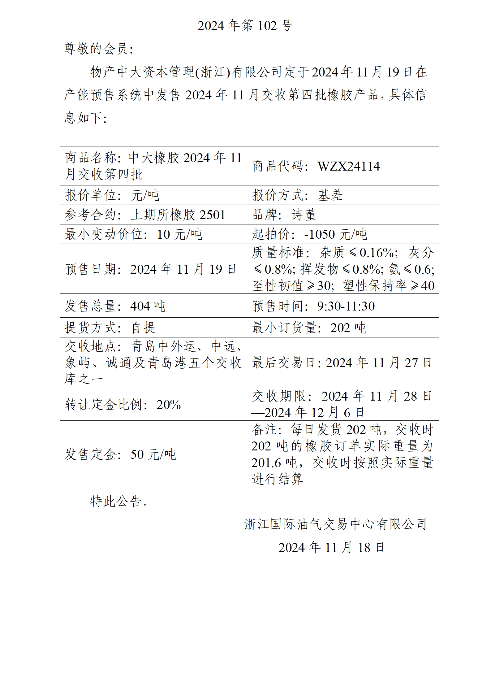 關于物產(chǎn)中大資本管理(浙江)有限公司預售2024年11月交收第四批橡膠產(chǎn)品的公告_01.png